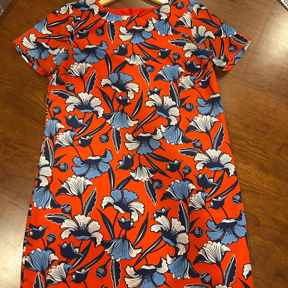Loft Floral Red/Orange and Blue Shift Dress